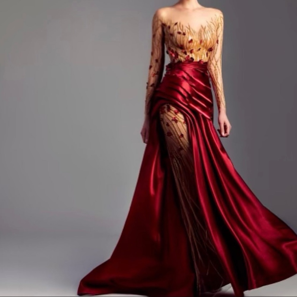 Mesh-embellished red rose dress